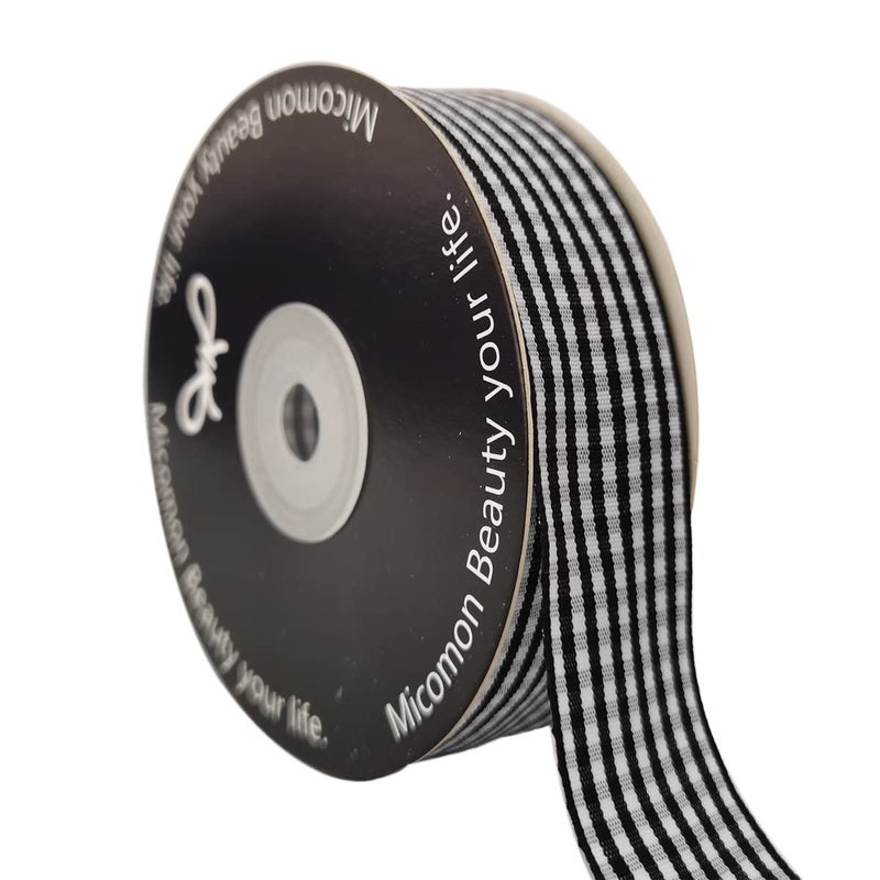 Micomon 1 Inch Black and White Woven Edge Gingham Ribbon 25 Yards Each Roll 100% Polyester (1", Black) - Image 1